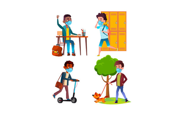 Strategic Visual Communication: Leveraging the School Kid Boy Wearing Mask Set Vector